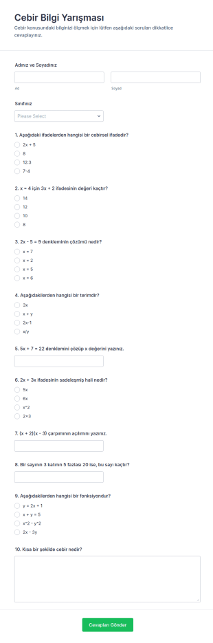 Cebir Bilgi Yarışması Form Şablonu