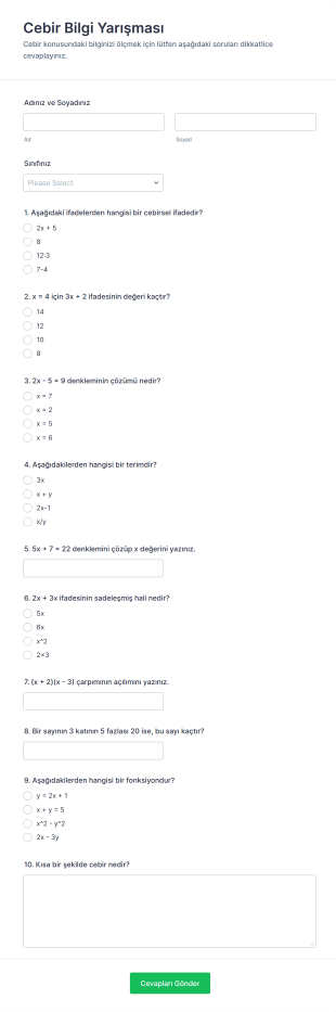 Cebir Bilgi Yarışması Form Şablonu