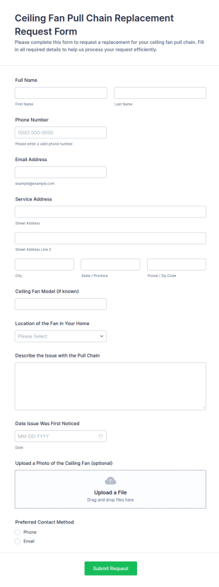 Ceiling Fan Pull Chain Replacement Request Form Template