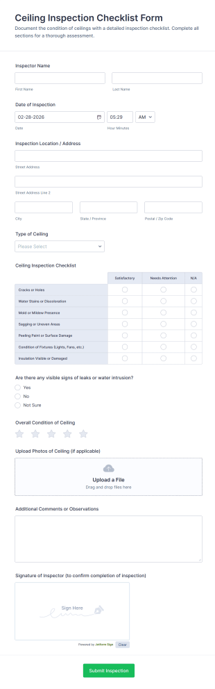 Ceiling Inspection Checklist Form Template