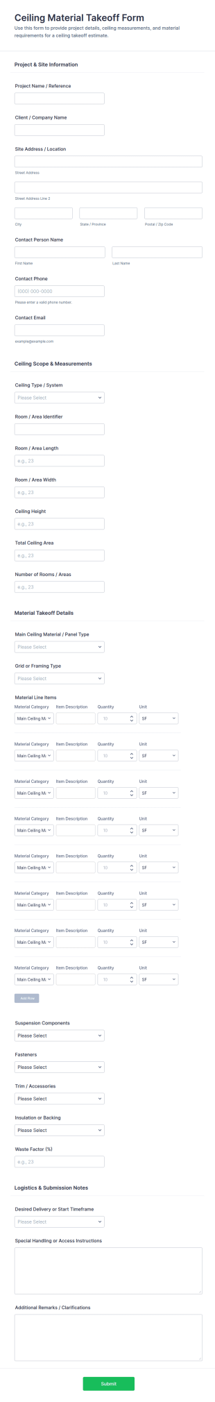 Ceiling Material Takeoff Form Template