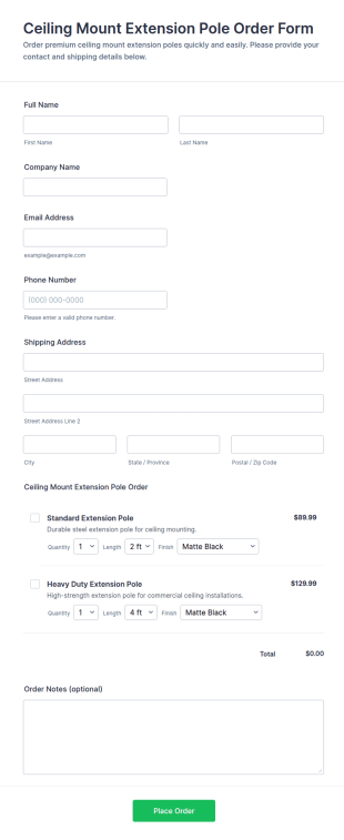 Ceiling Mount Extension Pole Order Form Template
