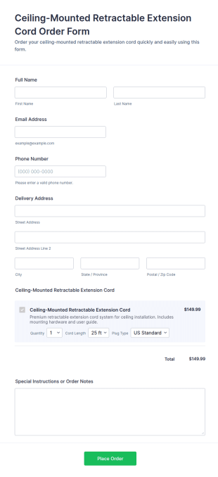 Ceiling Mounted Retractable Extension Cord Order Form Template