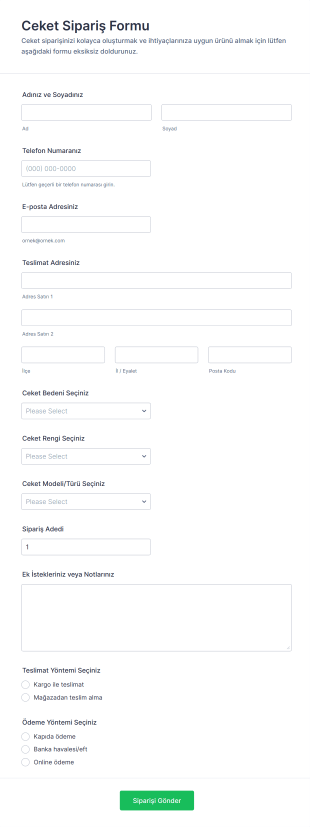 Ceket Sipariş Form Şablonu