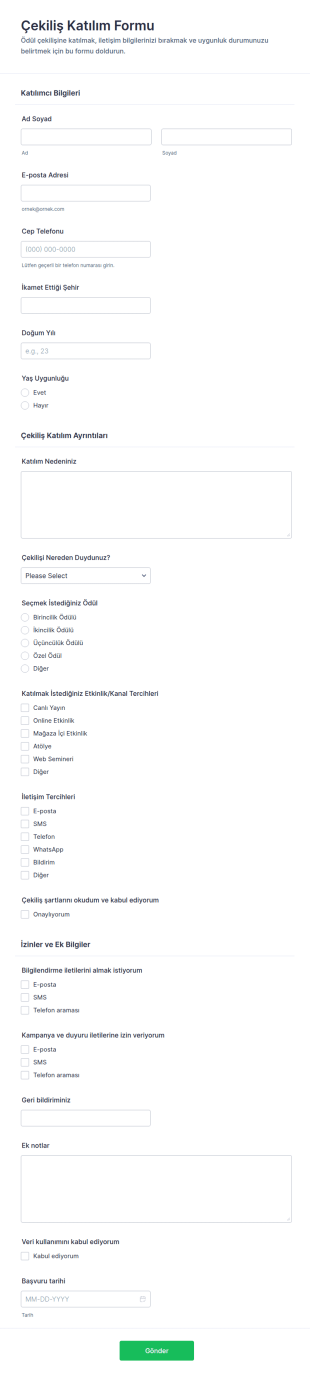 Çekiliş Katılım Form Şablonu