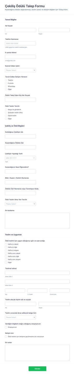 Çekiliş Talep Form Şablonu
