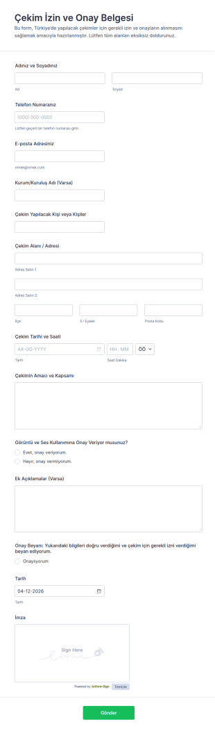 Çekim Feragatname Formu 🎬 Form Şablonu