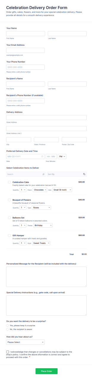 Celebration Delivery Order Form Template
