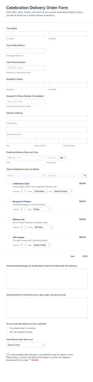 Celebration Delivery Order Form Template