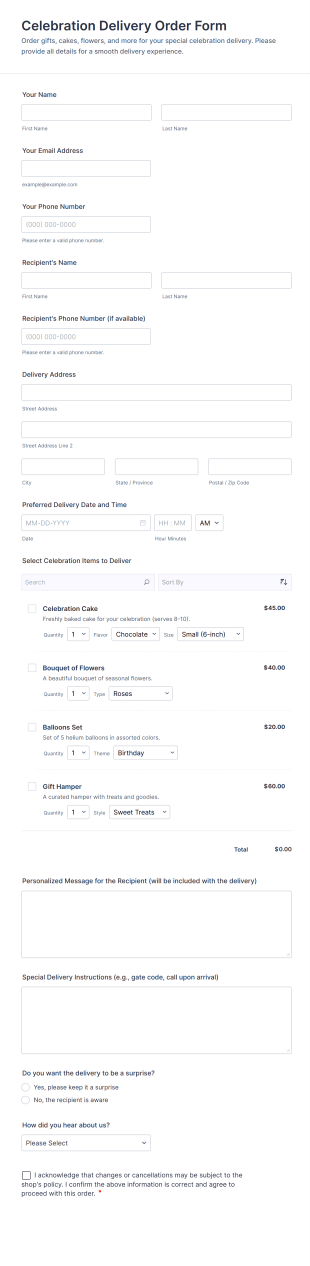 Celebration Delivery Order Form Template