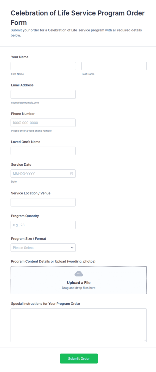 Celebration Of Life Service Program Order Form Template