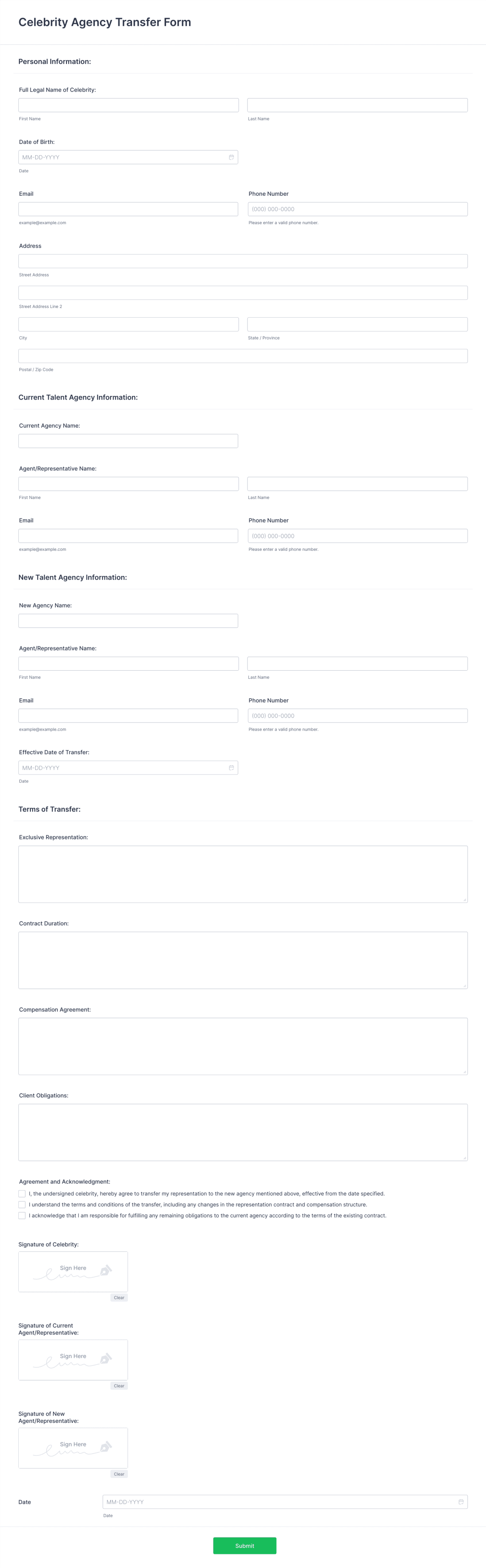 Celebrity Agency Transfer Form Template | Jotform