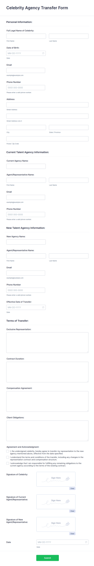 Celebrity Agency Transfer Form Template