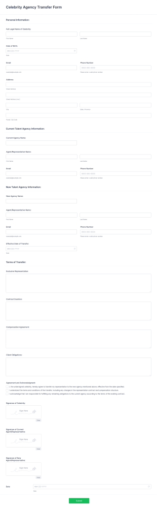 Celebrity Agency Transfer Form Template
