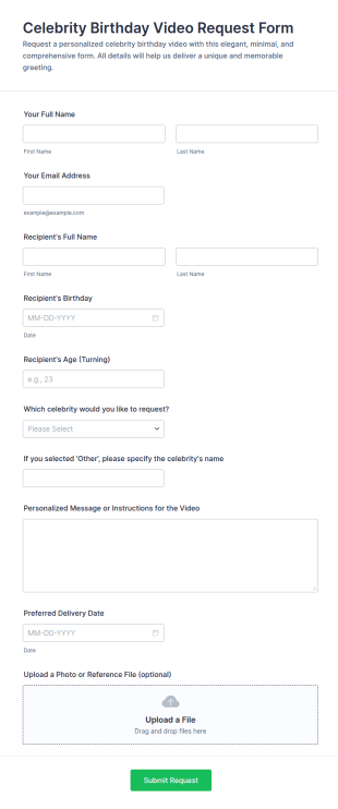 Celebrity Birthday Video Request Form Template