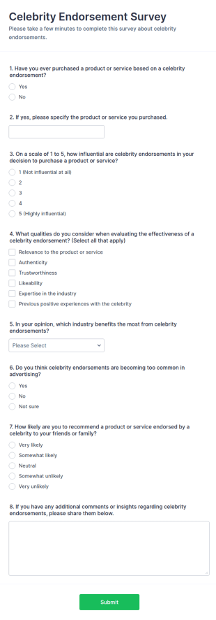 Celebrity Endorsement Survey Form Template