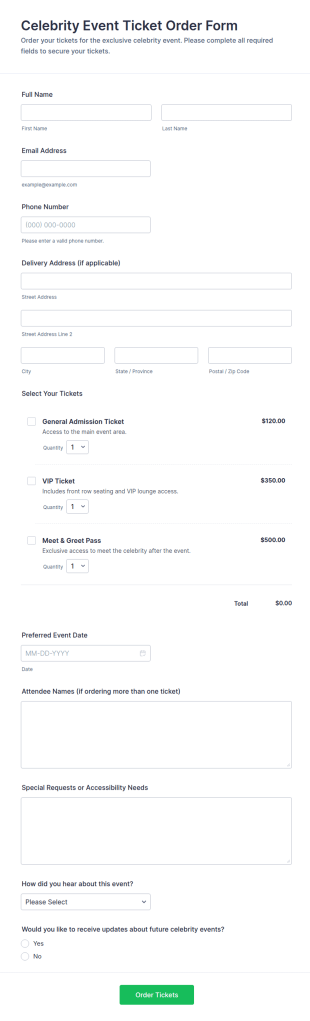 Celebrity Event Ticket Order Form Template