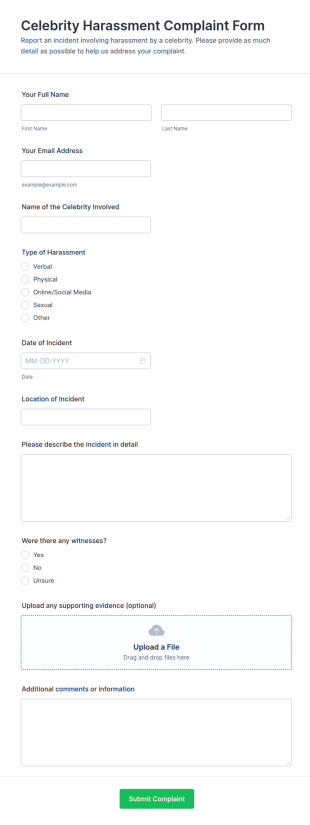 Celebrity Harassment Complaint Form Template