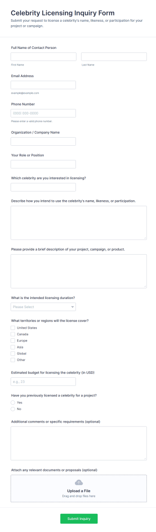 Celebrity Licensing Inquiry Form Template
