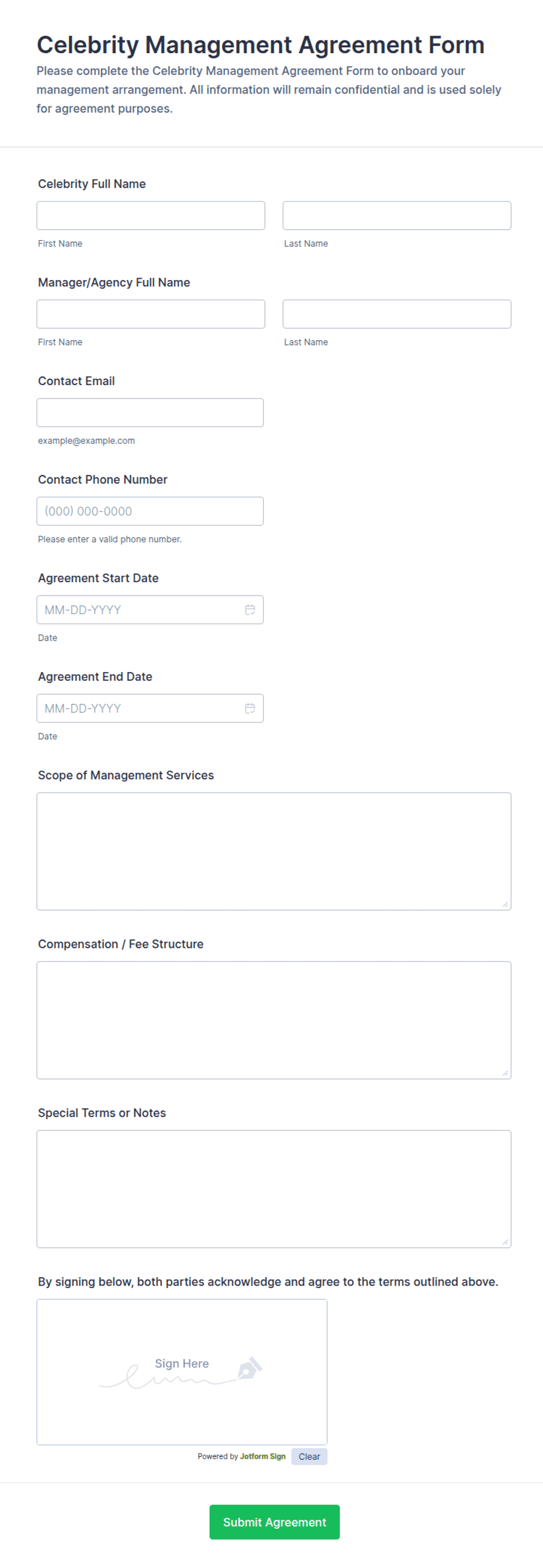 Celebrity Management Agreement Form Template | Jotform