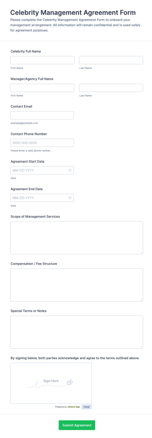 Celebrity Management Agreement Form Template