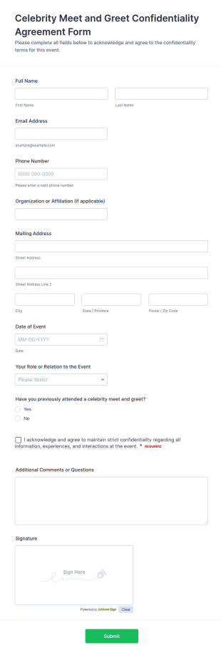 Celebrity Meet And Greet Confidentiality Agreement Form Template