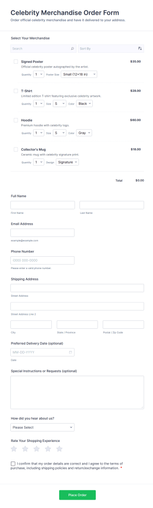 Celebrity Merchandise Order Form Template