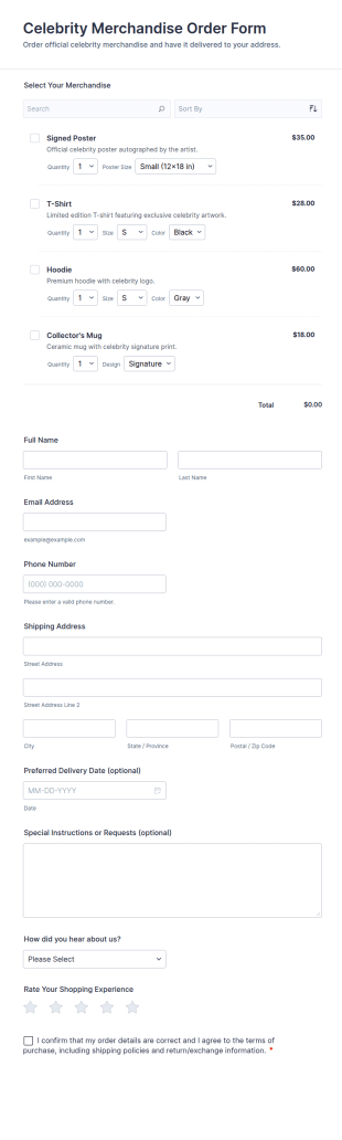 Celebrity Merchandise Order Form Template