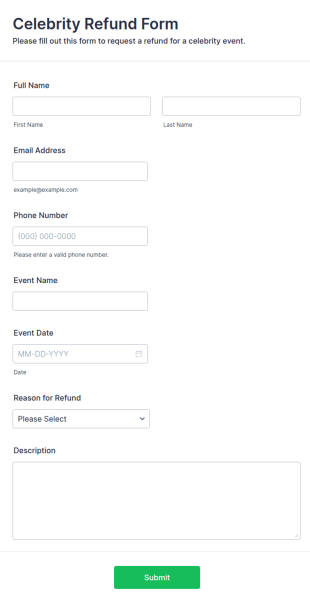Celebrity Refund Form Template