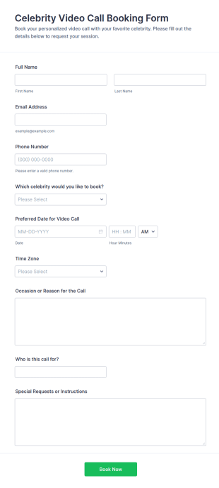 Celebrity Video Call Booking Form Template