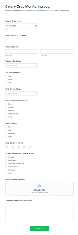 Celery Crop Monitoring Log Form Template
