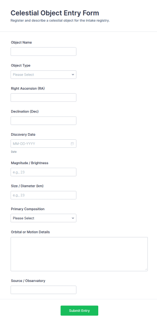Celestial Object Entry Form Template