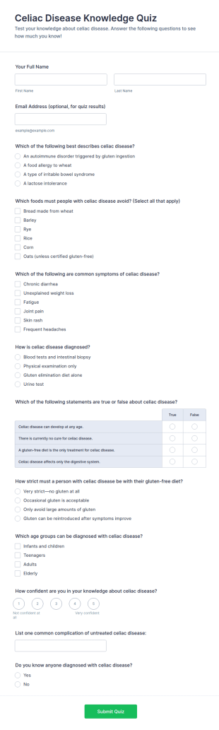 Celiac Disease Knowledge Quiz Form Template