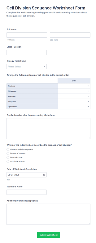 Cell Division Sequence Worksheet Form Template