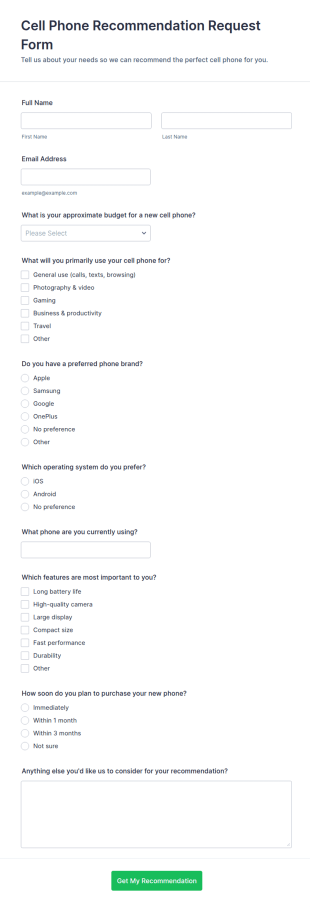 Cell Phone Recommendation Request Form Template