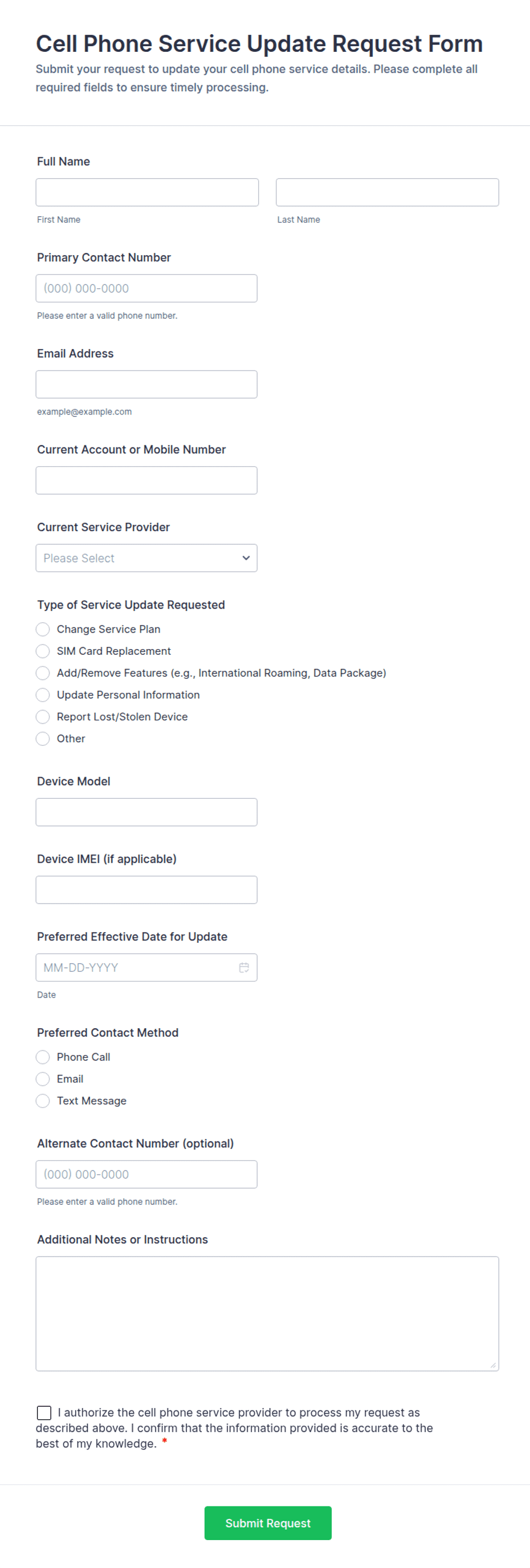 Cell Phone Service Update Request Form Template | Jotform
