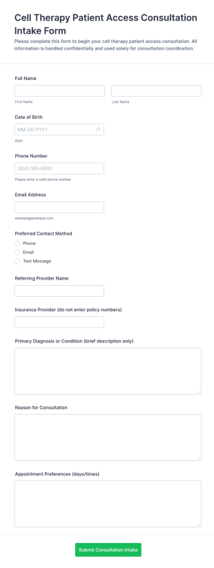 Cell Therapy Patient Access Consultation Intake Form Template