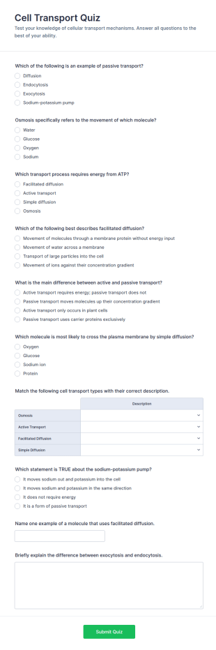 Cell Transport Quiz Form Template