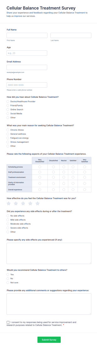 Cellular Balance Treatment Survey Form Template