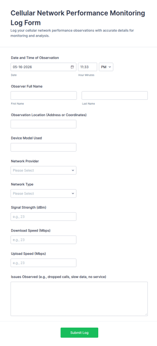 Cellular Network Performance Monitoring Log Form Template