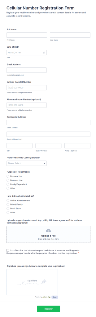 Cellular Number Registration Form Template
