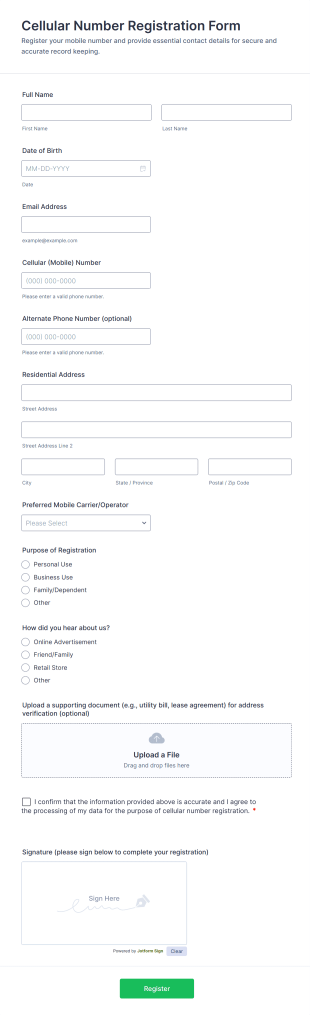 Cellular Number Registration Form Template