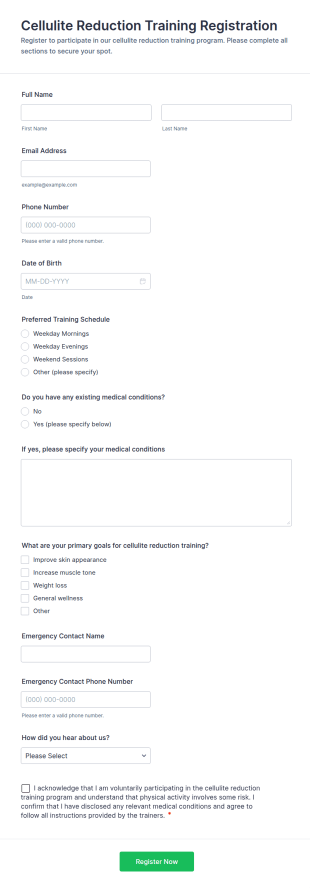 Cellulite Reduction Training Registration Form Template