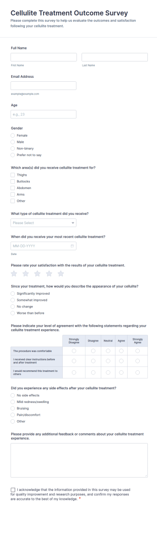 Cellulite Treatment Outcome Survey Form Template
