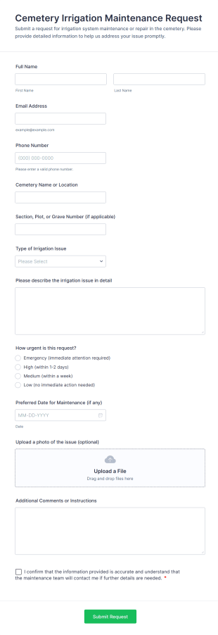 Cemetery Irrigation Maintenance Request Form Template