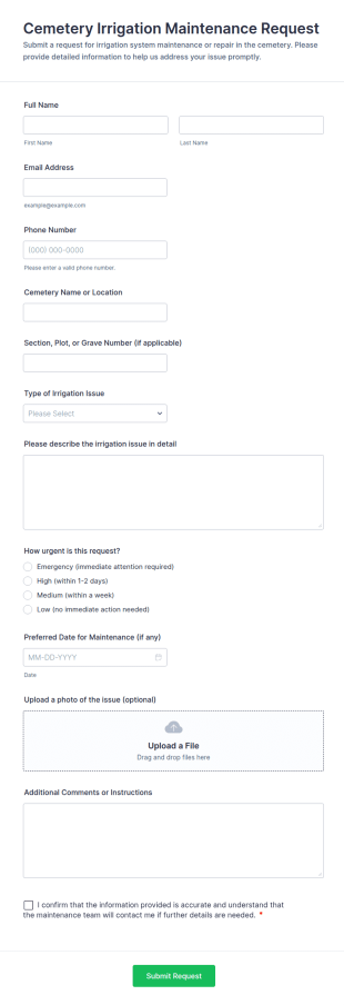 Cemetery Irrigation Maintenance Request Form Template
