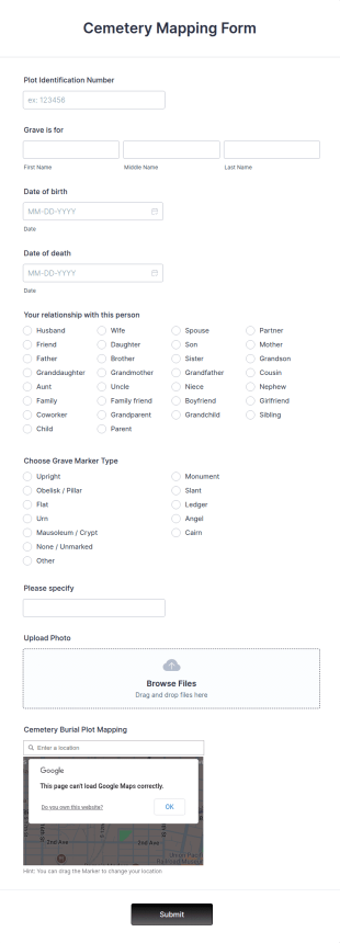 Cemetery Mapping Form Template
