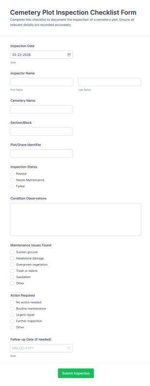 Cemetery Plot Inspection Checklist Form Template