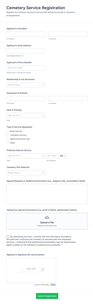 Cemetery Service Registration Form Template