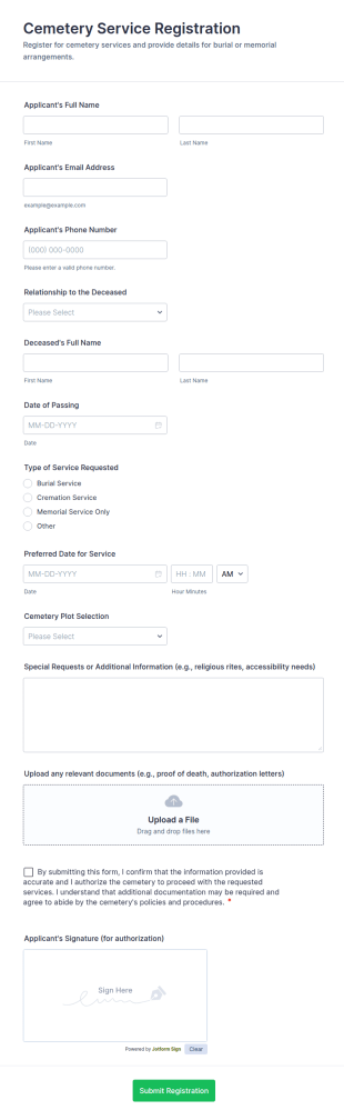 Cemetery Service Registration Form Template